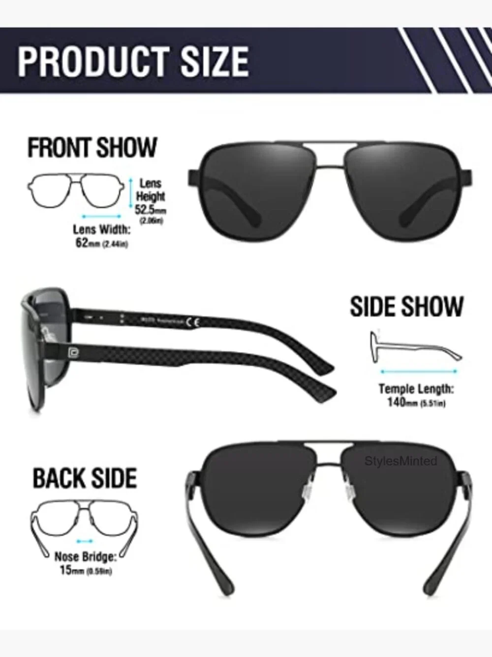 Aviator Sunglasses Men Carbon Fiber Temple Polarized UV Protection Driving